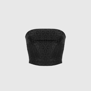 Rhinestone Eiffel Denim Bandeau Corset Top - Black